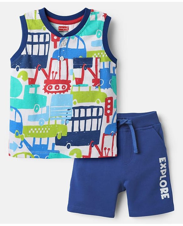 Babyhug Single Jersey Knit Sleeveless Tank T-Shirt & Shorts Set With Vehicles Print - White & Navy Blue