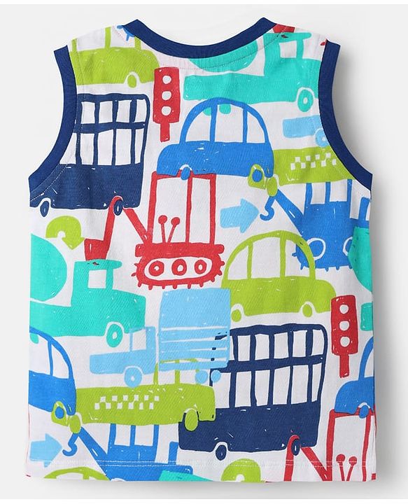Babyhug Single Jersey Knit Sleeveless Tank T-Shirt & Shorts Set With Vehicles Print - White & Navy Blue