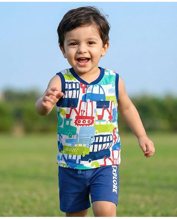 Babyhug Single Jersey Knit Sleeveless Tank T-Shirt & Shorts Set With Vehicles Print - White & Navy Blue