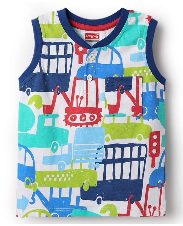 Babyhug Single Jersey Knit Sleeveless Tank T-Shirt & Shorts Set With Vehicles Print - White & Navy Blue
