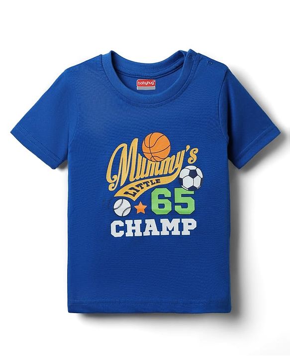 Babyhug Cotton Knit Half Sleeves T-Shirt With Sport Text Print - Blue