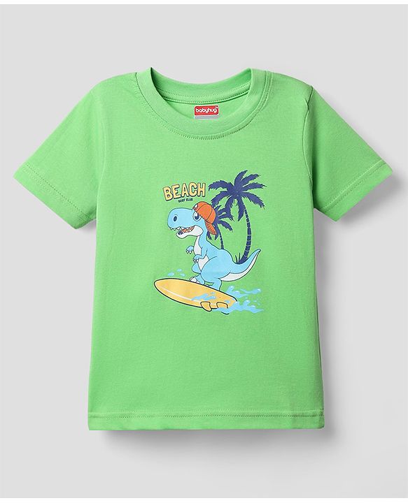 Babyhug Cotton Knit Half Sleeves T-Shirt with Dino Print - Light Green