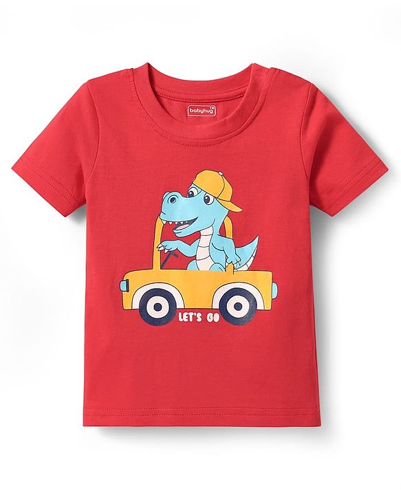 Babyhug Cotton Knit Half Sleeves T-Shirt with Dino Print - Red