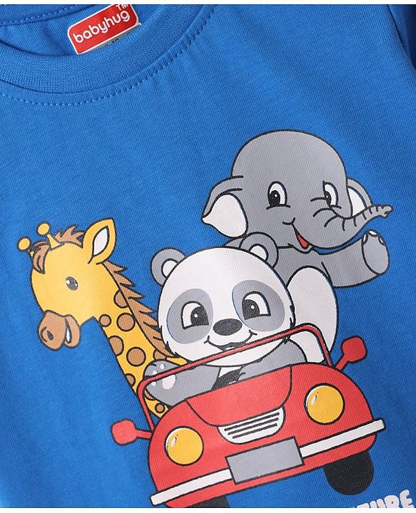 Babyhug Cotton Knit Half Sleeves T-Shirt With Animal Print - Blue