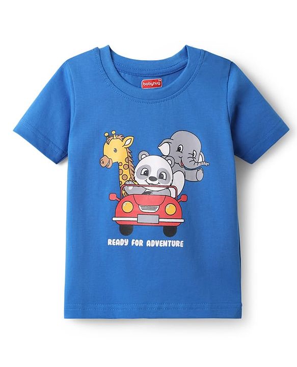 Babyhug Cotton Knit Half Sleeves T-Shirt With Animal Print - Blue