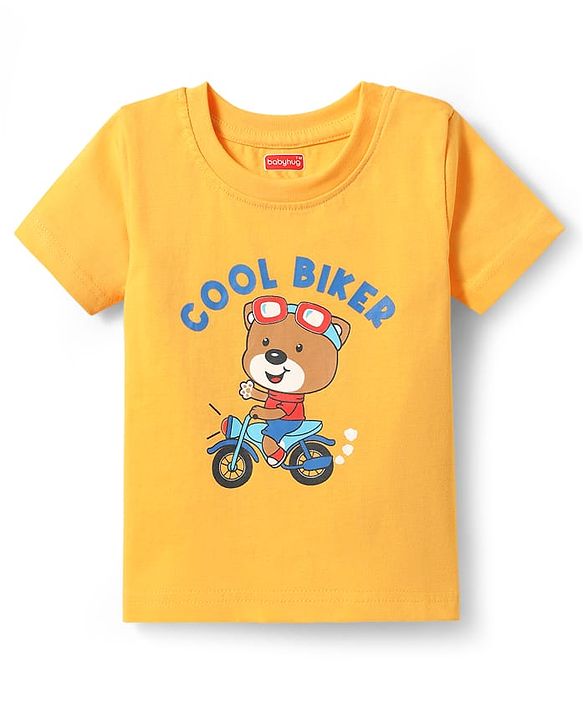 Babyhug Cotton Knit Half Sleeves T-Shirt with Bear Print - Yellow