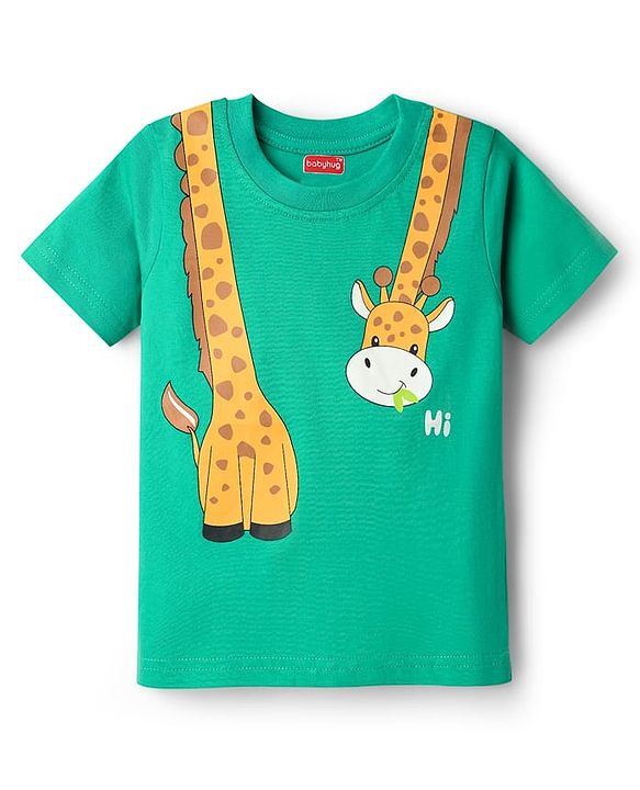 Babyhug Cotton Knit Half Sleeves T-Shirt with Giraffe Print - Mint
