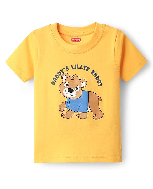 Babyhug Cotton Knit Half Sleeves T-Shirt with Bear Print - Yellow