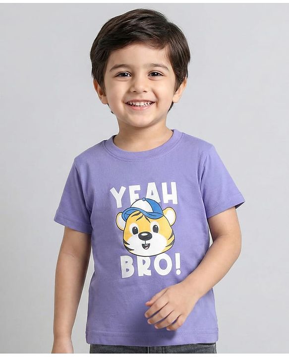 Babyhug Cotton Knit Half Sleeves T-Shirt with Cub Print - Purple