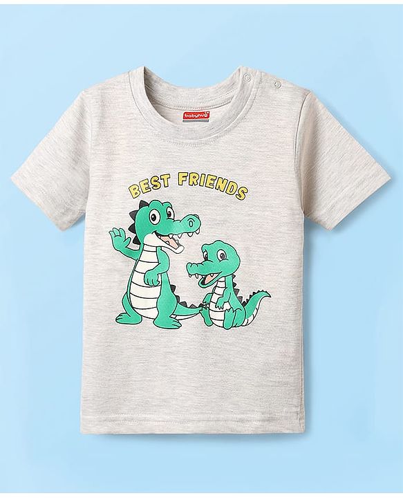 Babyhug Cotton Knit Half Sleeves T-Shirt With Crocodile Print - Grey