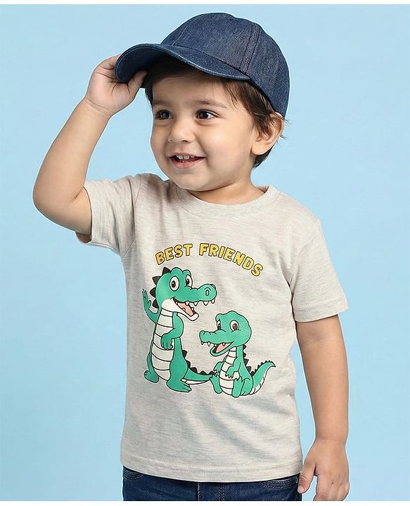 Babyhug Cotton Knit Half Sleeves T-Shirt With Crocodile Print - Grey