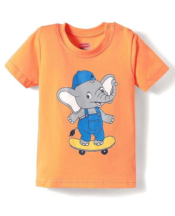 Babyhug Cotton Knit Half Sleeves T-Shirt with Elephant Print - Orange
