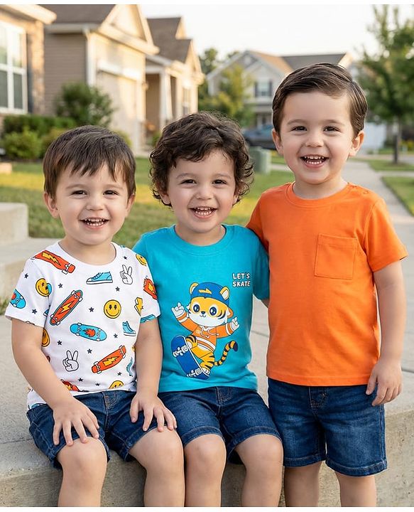 Babyhug Cotton Knit Half Sleeves T-Shirt with Skating Print Pack of 3 - Light Blue Orange & White