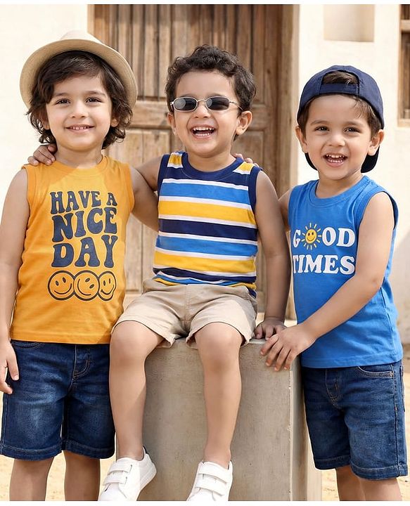 Babyhug Cotton Knit Sleeveless Tank T-Shirt  With Stripes & Good Times Print Pack Of 3 - Blue & Yellow