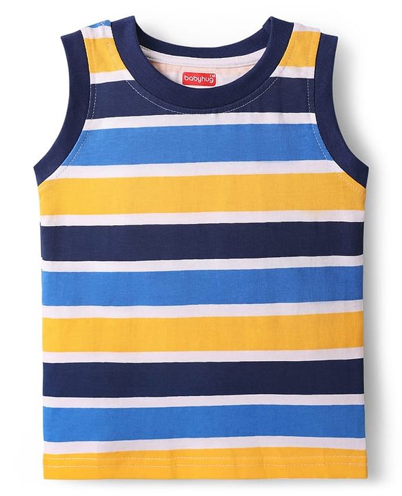 Babyhug Cotton Knit Sleeveless Tank T-Shirt  With Stripes & Good Times Print Pack Of 3 - Blue & Yellow