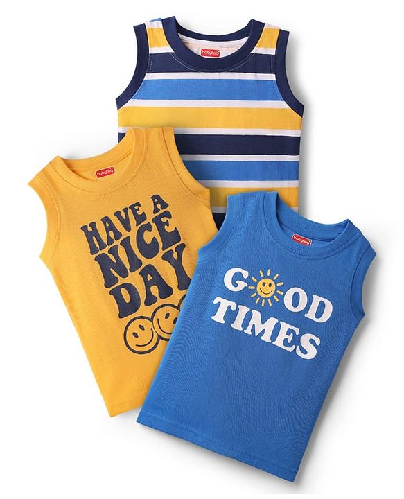 Babyhug Cotton Knit Sleeveless Tank T-Shirt  With Stripes & Good Times Print Pack Of 3 - Blue & Yellow