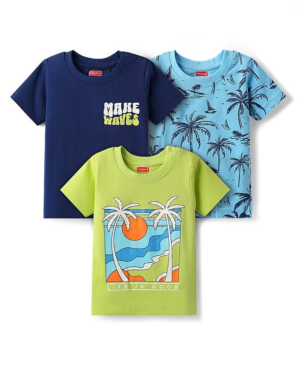 Babyhug Cotton Knit Half Sleeves T-Shirt With Beach Theme Print Pack Of 3 - Light Blue & Navy Blue