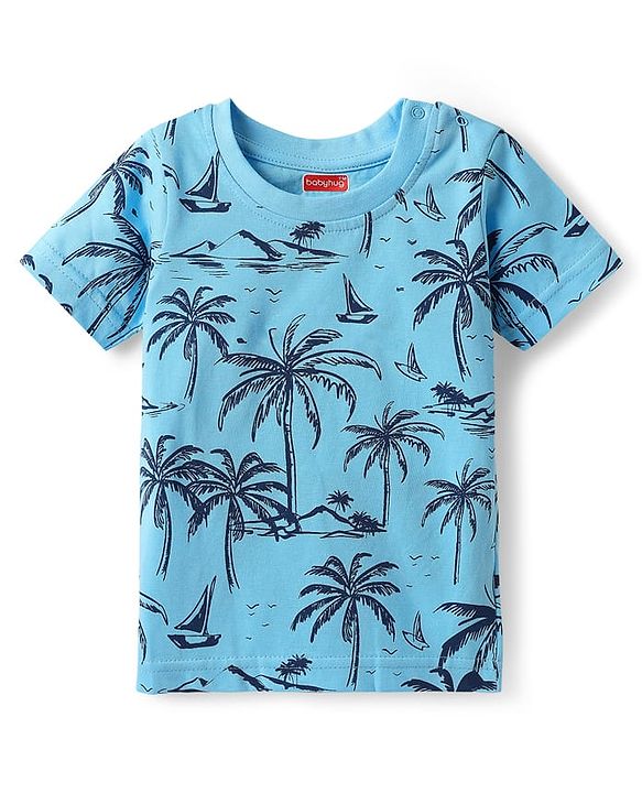 Babyhug Cotton Knit Half Sleeves T-Shirt With Beach Theme Print Pack Of 3 - Light Blue & Navy Blue