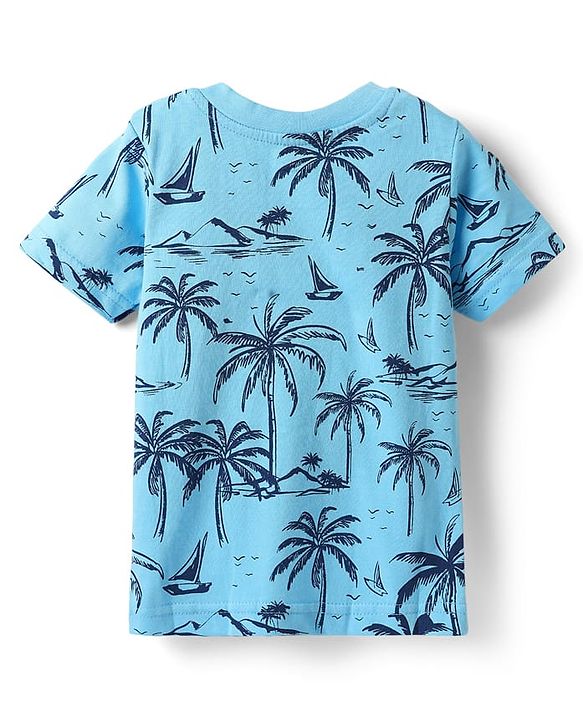 Babyhug Cotton Knit Half Sleeves T-Shirt With Beach Theme Print Pack Of 3 - Light Blue & Navy Blue