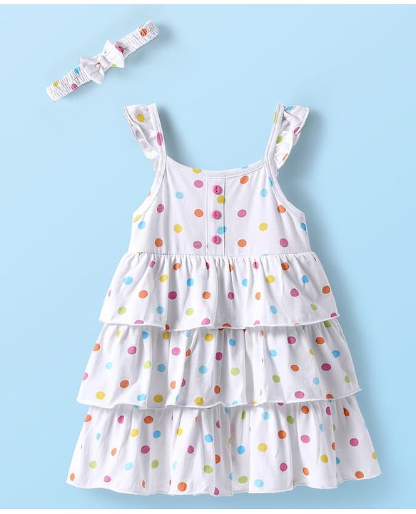 Babyhug Single Jersey Knit Sleeveless Layered Frock with Headband & Polka Dots Print - White