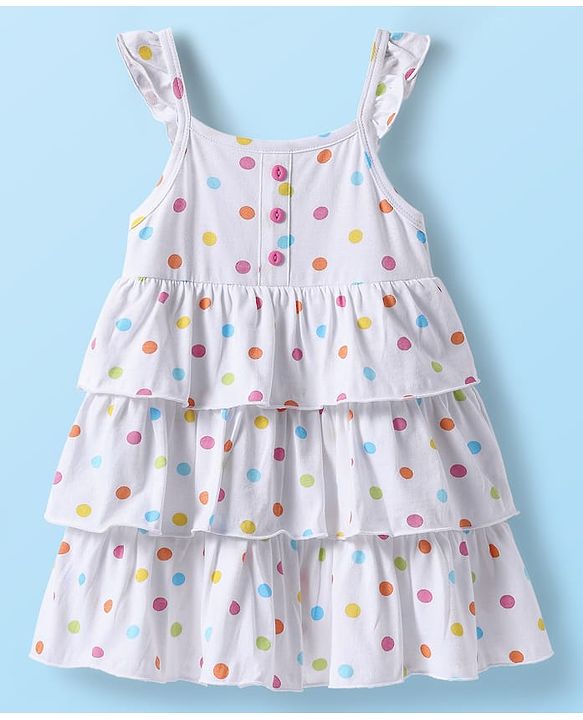 Babyhug Single Jersey Knit Sleeveless Layered Frock with Headband & Polka Dots Print - White