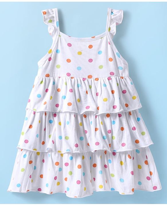Babyhug Single Jersey Knit Sleeveless Layered Frock with Headband & Polka Dots Print - White