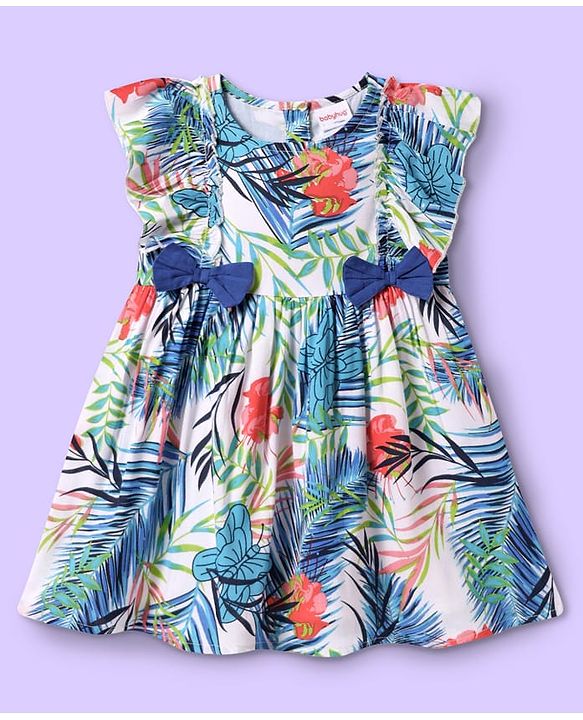 Babyhug Cotton Woven Frill Sleeves Frock With Leaf Print & Bow Applique - White