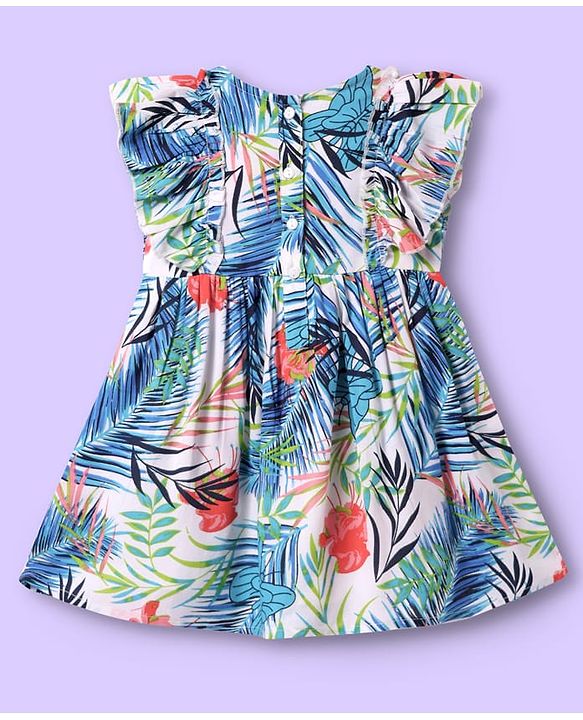 Babyhug Cotton Woven Frill Sleeves Frock With Leaf Print & Bow Applique - White