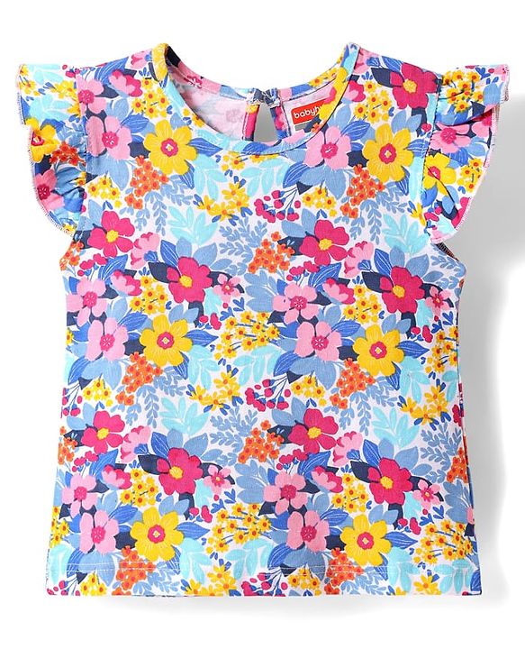 Babyhug Cotton Knit Frill Sleeves T-Shirt with Floral Print - Blue