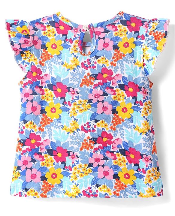 Babyhug Cotton Knit Frill Sleeves T-Shirt with Floral Print - Blue