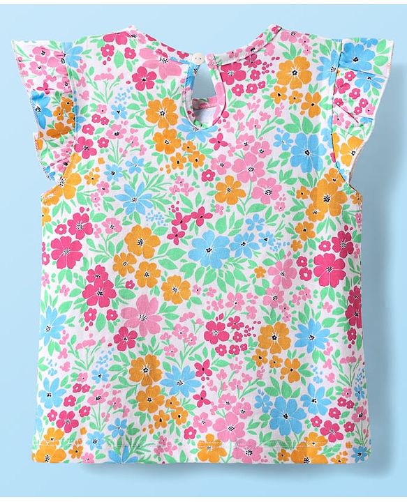 Babyhug Cotton Knit Frill Sleeves T-Shirt with Floral Print - Light Blue