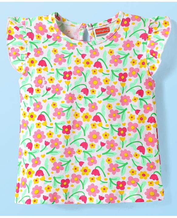 Babyhug Cotton Knit Frill Sleeves T-Shirt with Floral Print - White