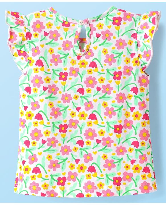 Babyhug Cotton Knit Frill Sleeves T-Shirt with Floral Print - White