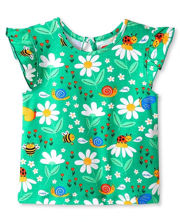 Babyhug Cotton Knit Frill Sleeves T-Shirt with Floral & Bees Print - Green