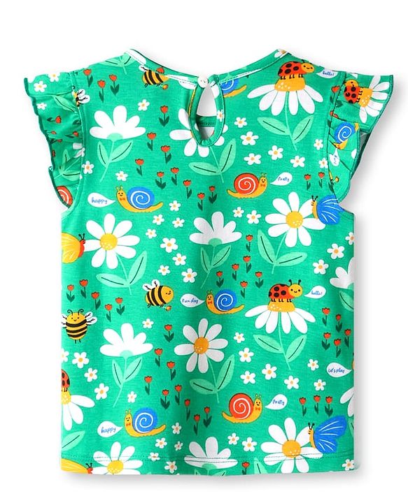 Babyhug Cotton Knit Frill Sleeves T-Shirt with Floral & Bees Print - Green