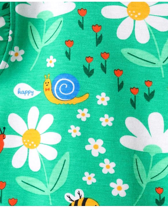 Babyhug Cotton Knit Frill Sleeves T-Shirt with Floral & Bees Print - Green