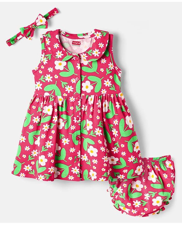 Babyhug Single Jersey Knit Sleeveless Floral Printed Frock With Bloomer & Headband - Red