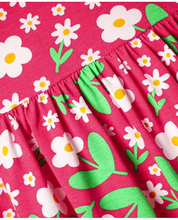 Babyhug Single Jersey Knit Sleeveless Floral Printed Frock With Bloomer & Headband - Red