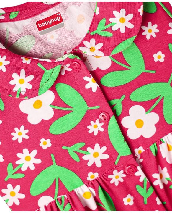 Babyhug Single Jersey Knit Sleeveless Floral Printed Frock With Bloomer & Headband - Red