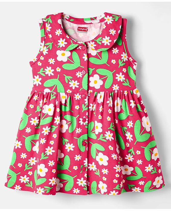 Babyhug Single Jersey Knit Sleeveless Floral Printed Frock With Bloomer & Headband - Red