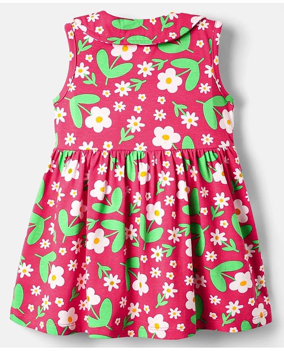 Babyhug Single Jersey Knit Sleeveless Floral Printed Frock With Bloomer & Headband - Red