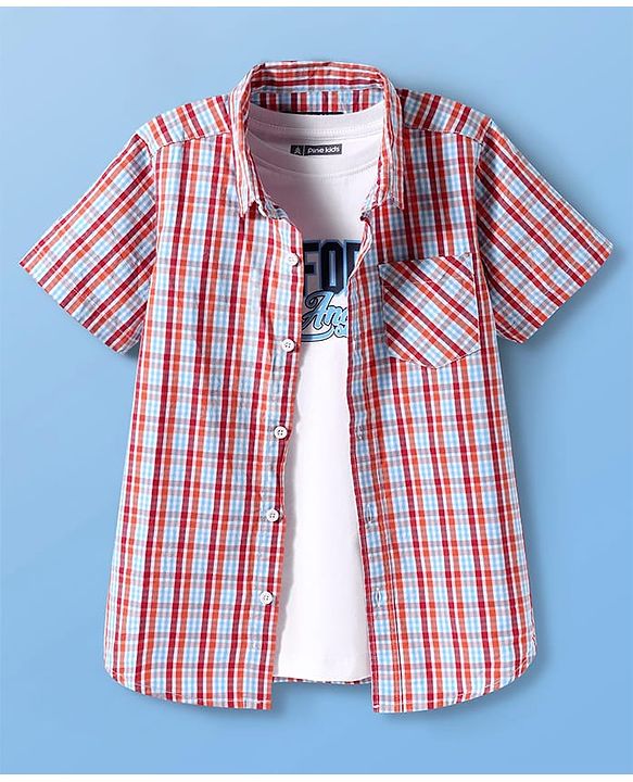 Pine Kids Cotton Woven Half Sleeves Checks Shirt With T Shirt - Multicolour