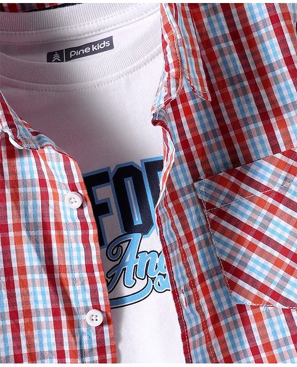 Pine Kids Cotton Woven Half Sleeves Checks Shirt With T Shirt - Multicolour