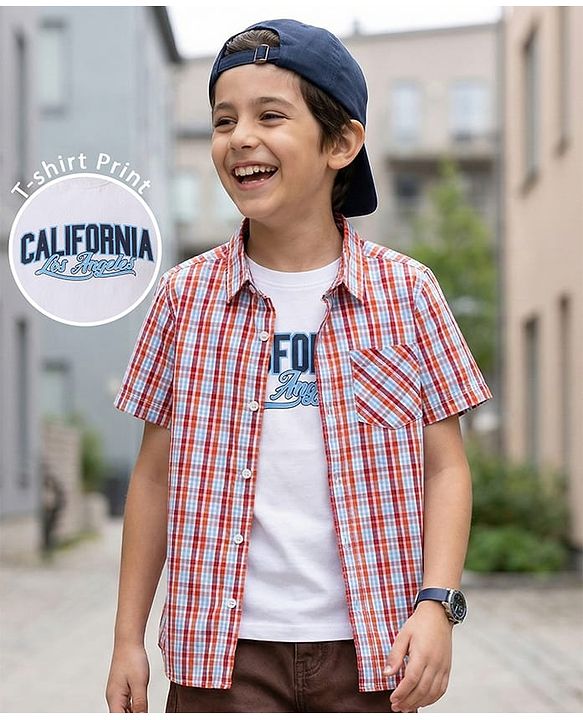 Pine Kids Cotton Woven Half Sleeves Checks Shirt With T Shirt - Multicolour