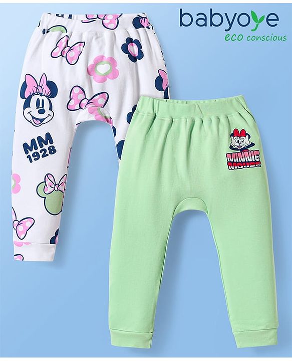 Babyhug Disney Interlock Knit Full Length Diaper Leggings With Minnie Mouse Family Graphics Pack of 2 - Light Green & White