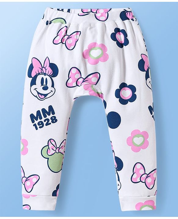 Babyhug Disney Interlock Knit Full Length Diaper Leggings With Minnie Mouse Family Graphics Pack of 2 - Light Green & White