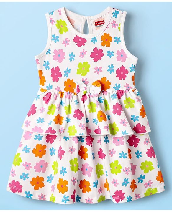 Babyhug Single Jersey Knit Sleeveless Floral Printed Frock With Bow Applique & Bloomer - White