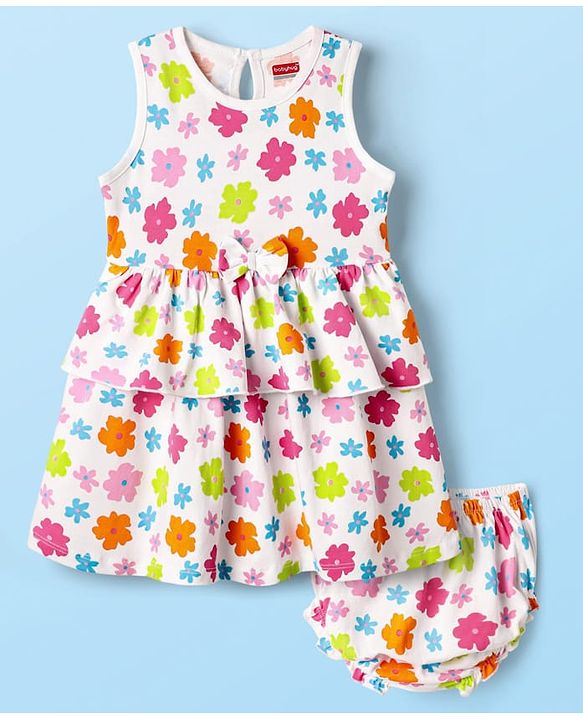 Babyhug Single Jersey Knit Sleeveless Floral Printed Frock With Bow Applique & Bloomer - White