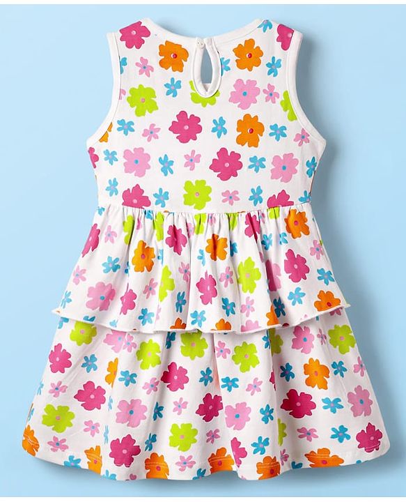 Babyhug Single Jersey Knit Sleeveless Floral Printed Frock With Bow Applique & Bloomer - White