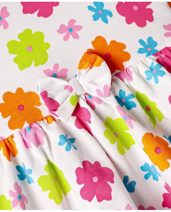 Babyhug Single Jersey Knit Sleeveless Floral Printed Frock With Bow Applique & Bloomer - White